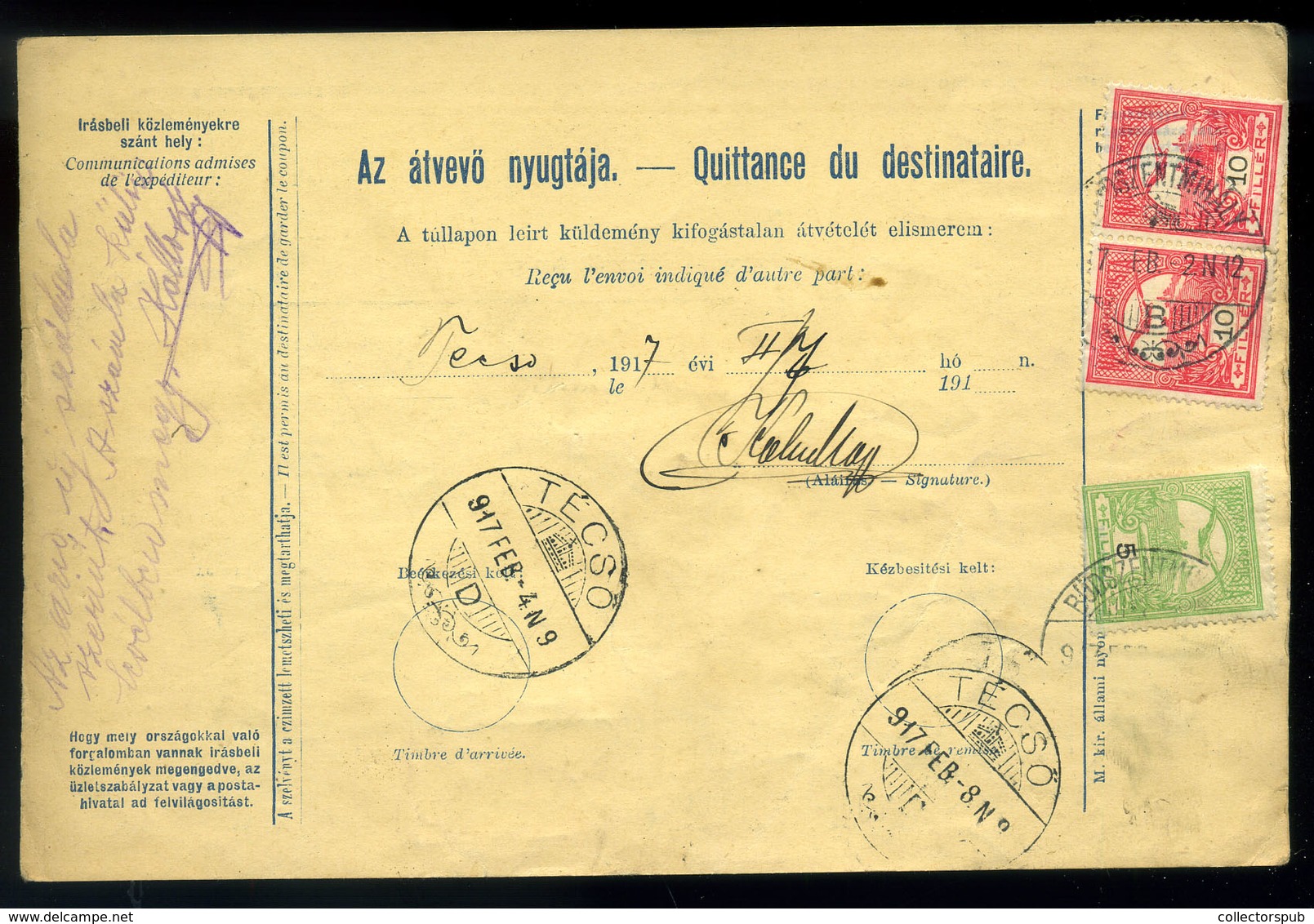 BÜDSZENTMIHÁLY 1917. Csomagszállító Técsőre Küldve - Used Stamps