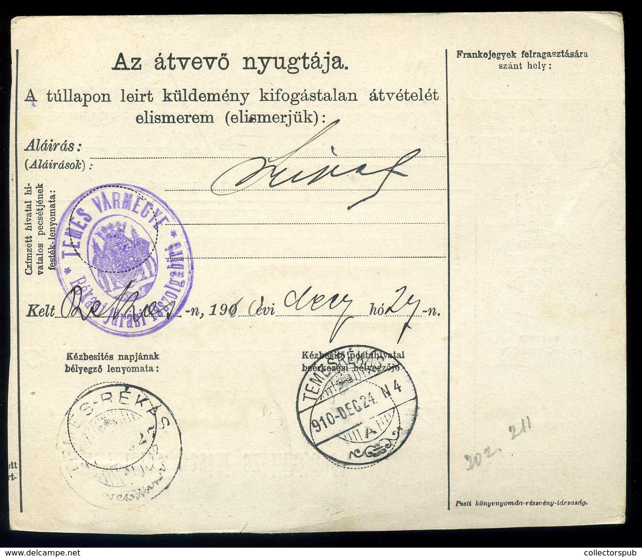 KISZETÓ 1910. Hivatalos Postai Szállítólevél "csomag Pisztoly" Temesrékásra Küldve - Used Stamps