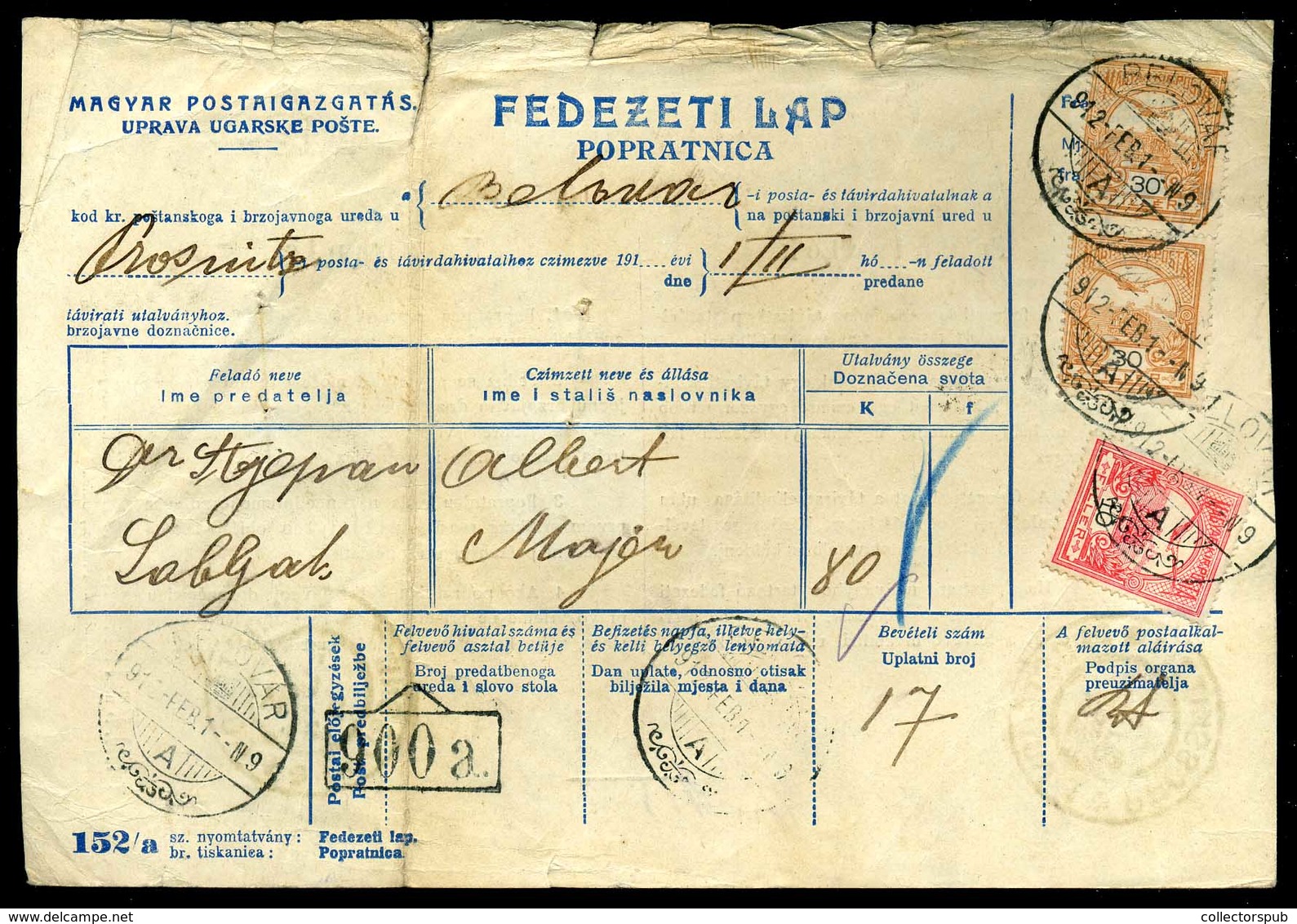 BELOVÁR 1912. Kétnyelvű (!) Fedezeti Lap, 3 Bélyeggel Prossnitz-ba Küldve. Ritka!! - Used Stamps