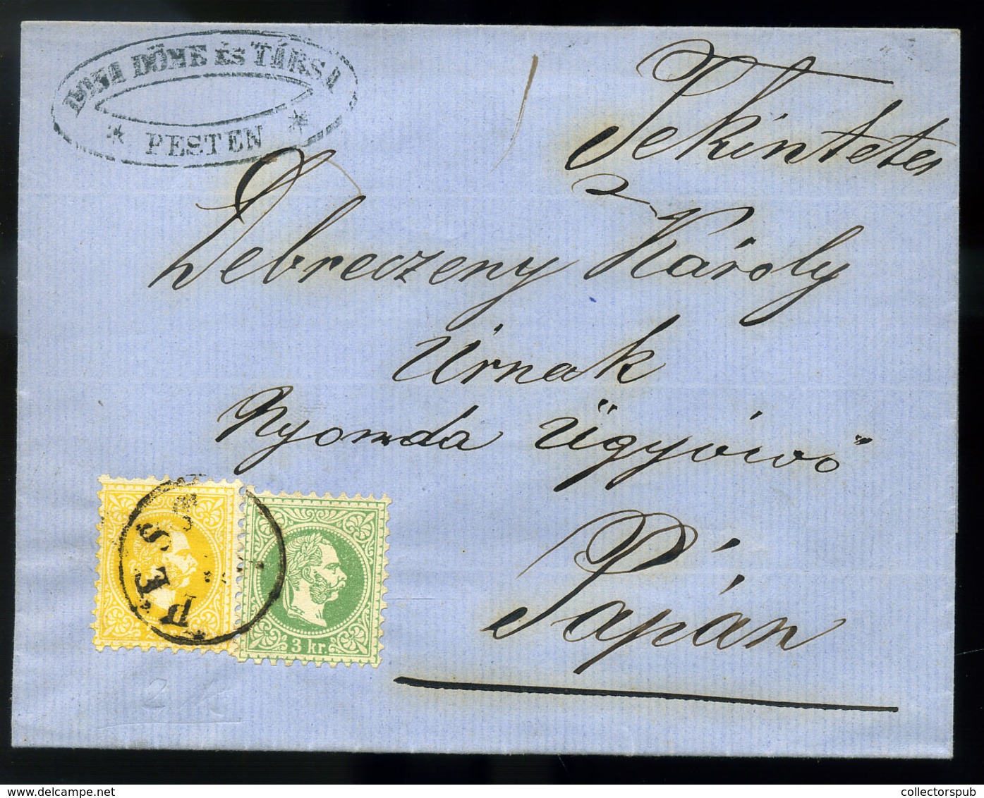 PEST 1867. Dekoratív, Céges Boríték 3Kr+2kr-ral Pápára Küldve  /  Decorative Corp. Cov. 3 Kr + 2 Kr To Pápa - Gebraucht