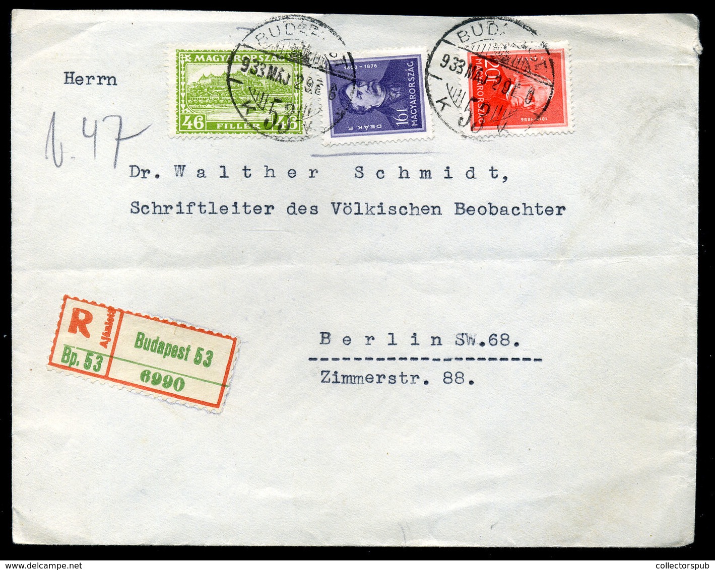 BUDAPEST 1933. Ajánlott Levél, Arcképek-P-f Bérmentesítéssel Berlinbe - Brieven En Documenten