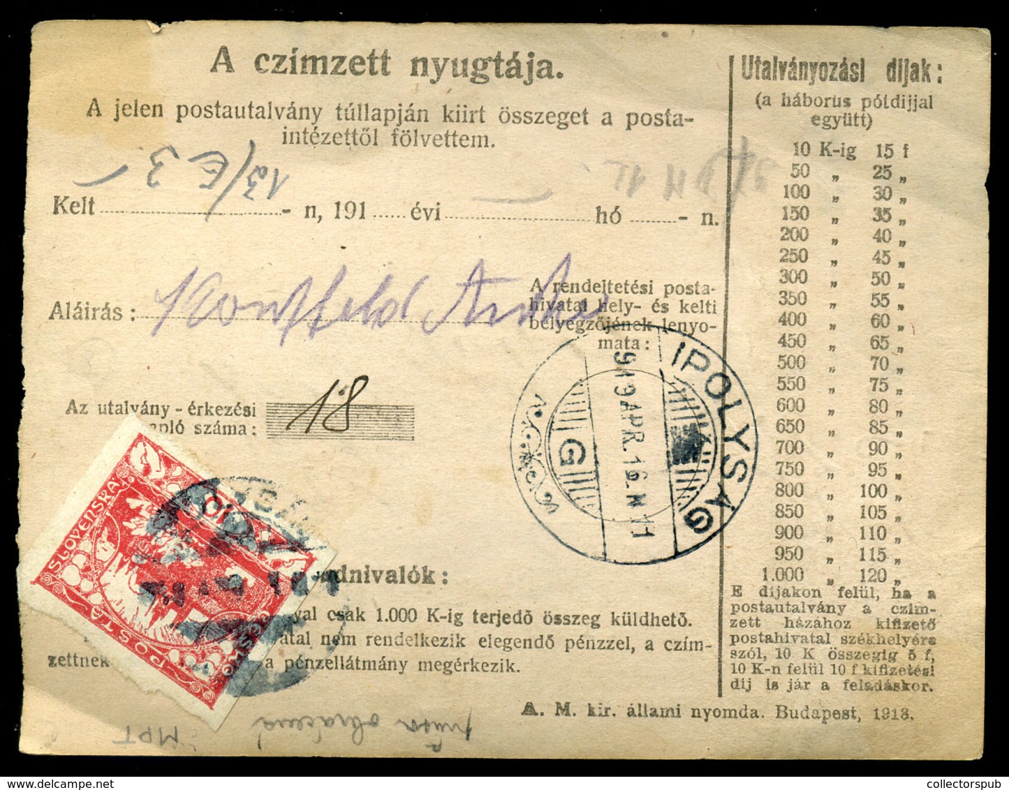 FELSŐSZEMERÉD 1919.04. Postautalvány Ipolyságra Küldve, Hradzsin Bélyeggel - Gebruikt