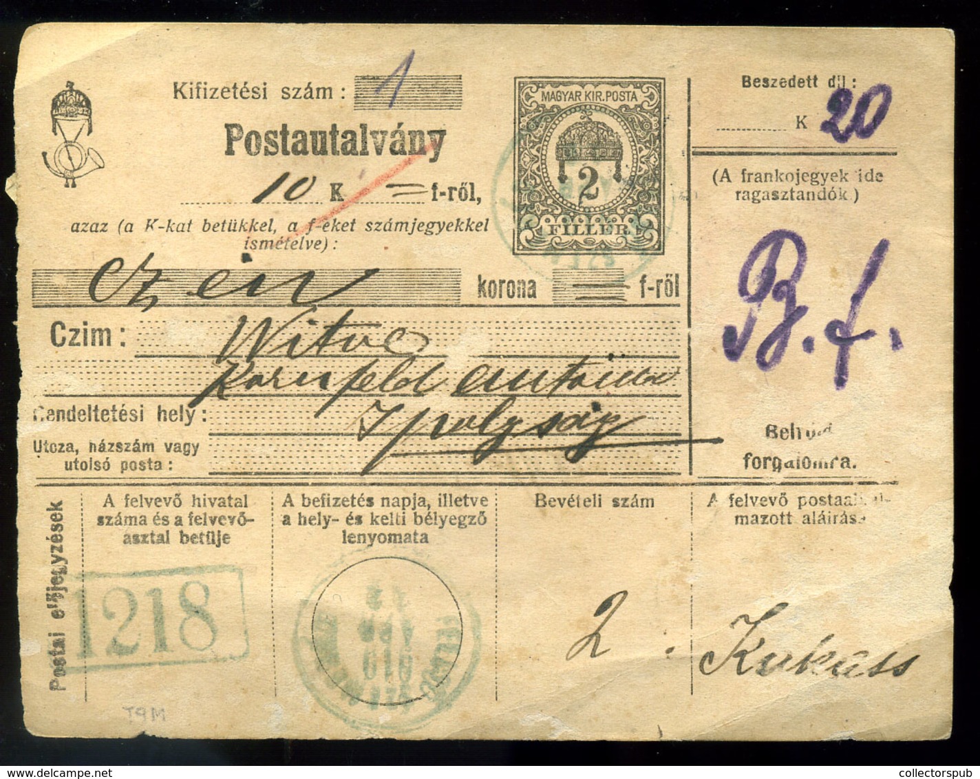 FELSŐSZEMERÉD 1919.04. Postautalvány Ipolyságra Küldve, Hradzsin Bélyeggel - Gebruikt