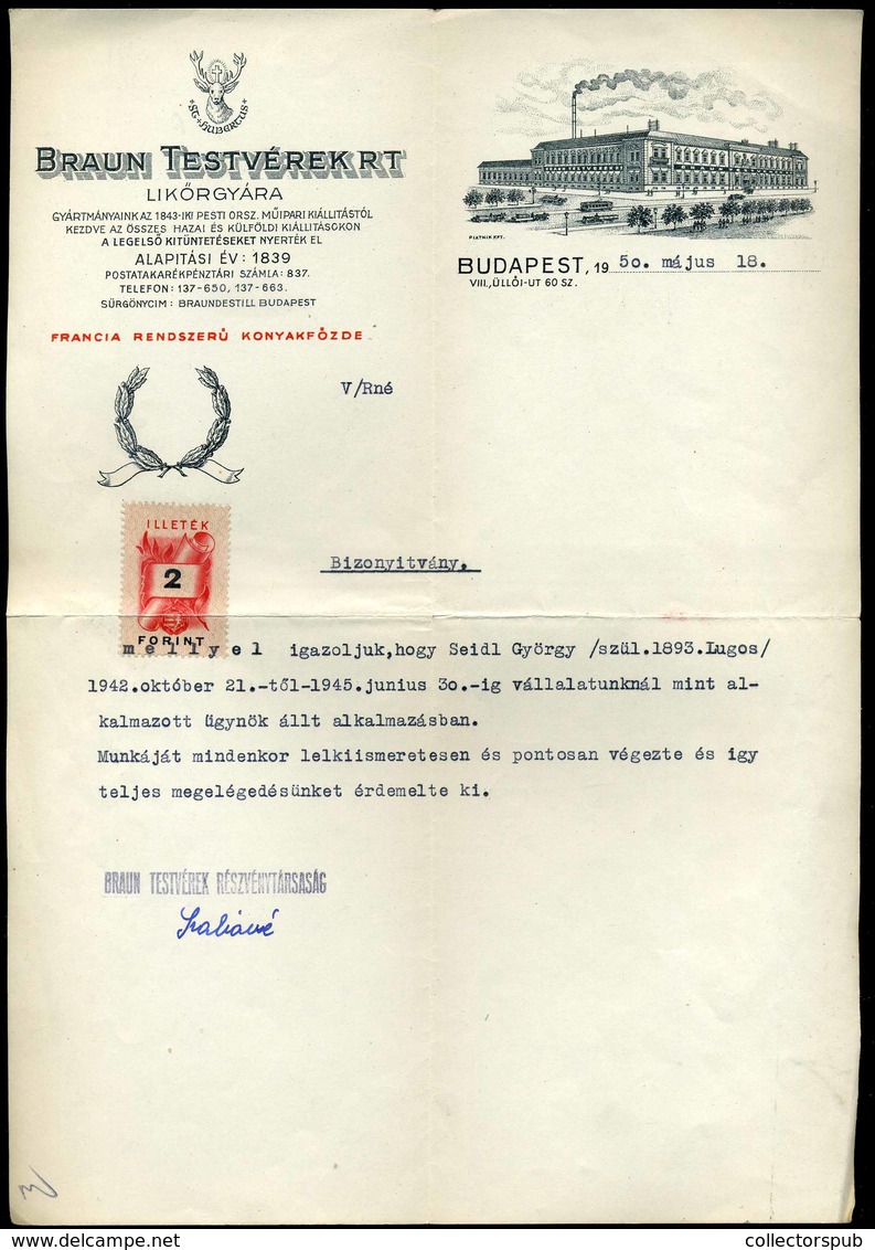 BUDAPEST 1950. Braun Testvérek Likőrgyár, Fejléces, Céges Levél - Zonder Classificatie