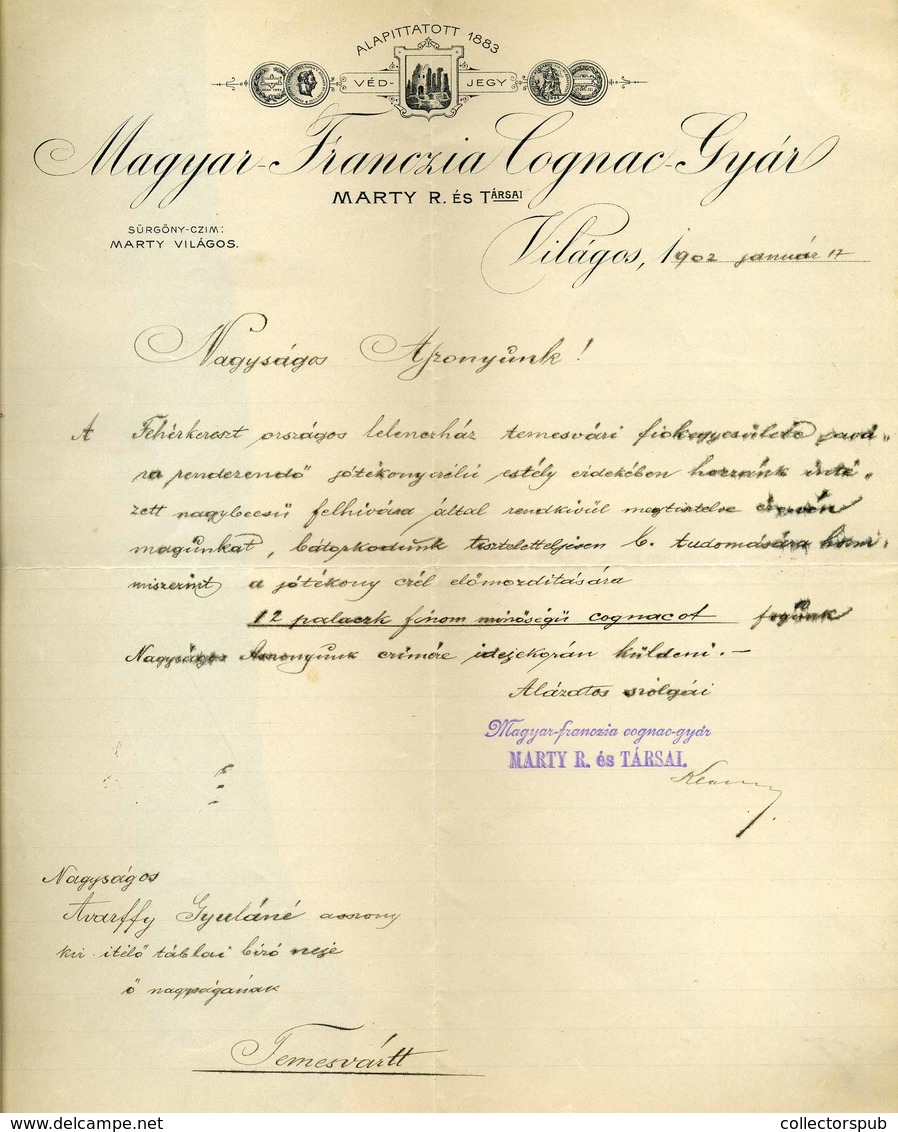 VILÁGOS 1902. Magyar Franczia Cognac Gyár, Fejléces, Céges Levél - Ohne Zuordnung