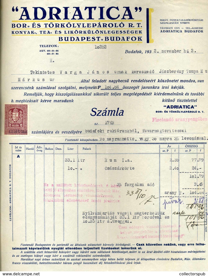 BUDAFOK 1932. Adriatica Bor és Törkölylepároló Rt. Fejléces, Céges Levél - Zonder Classificatie