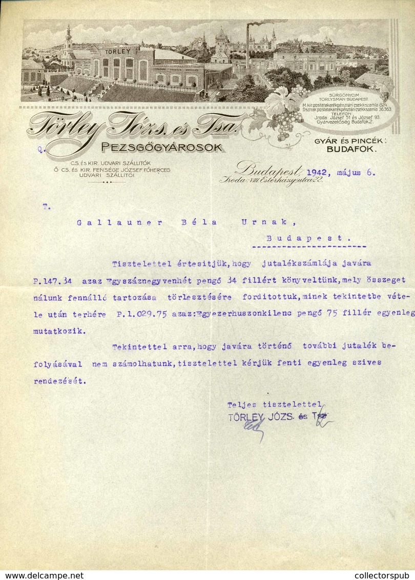 BUDAFOK 1942. Törley Pezsgőgyár  Fejléces, Céges Levél - Zonder Classificatie