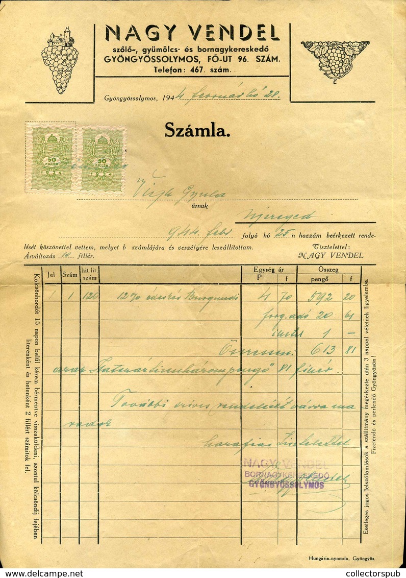 GYÖNGYÖSSOLYMOS 1944. Nagy Vendel Bornagykereskedő  Fejléces, Céges Levél - Zonder Classificatie