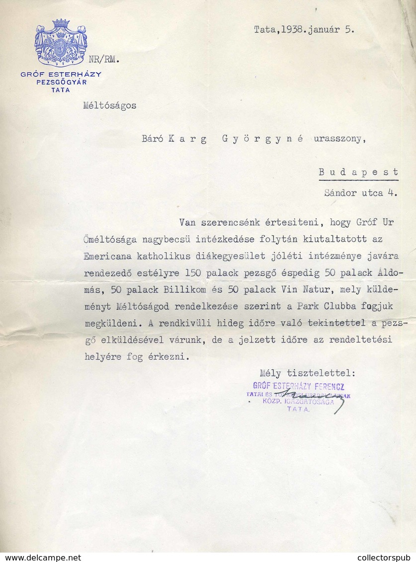 TATA 1938. Gróf Esterházy Pezsgőgyár  Fejléces, Céges Levél - Zonder Classificatie