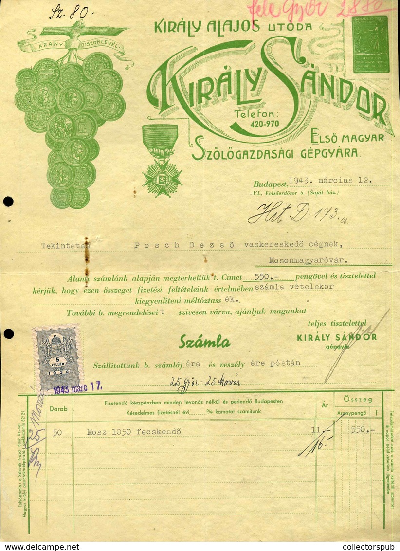 BUDAPEST 1943. Király Dezső Szőlőgazdasági Gépgyár , Fejléces Céges Számla - Zonder Classificatie