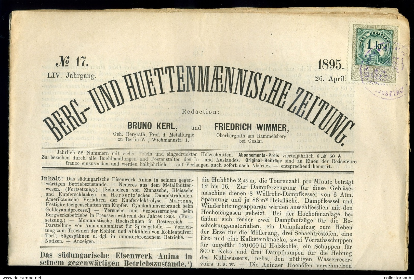 1895. Berg Und Huettenmenmannesiscghe Zeitung Komplett újság 1Kr Okmány Bélyeggel - Gebruikt