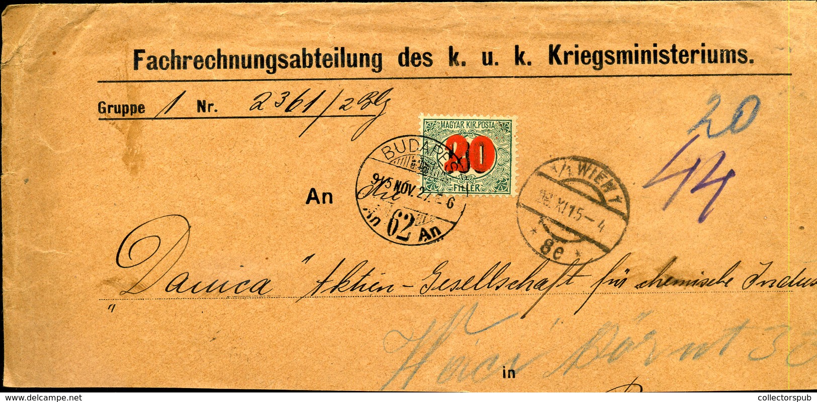 1915. I. VH Levél Bécsből Budapestre Küldve, Kisegítő Portó Bélyeggel - Gebruikt