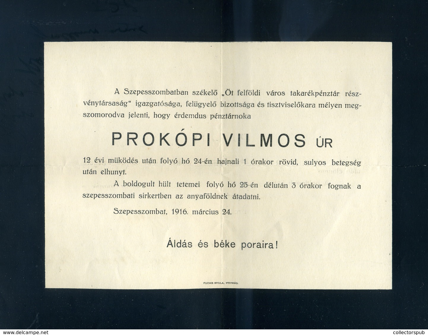 SZEPESZOMBAT 1911 Postázott Gyászjelentés Budapestre Küldve - Gebruikt