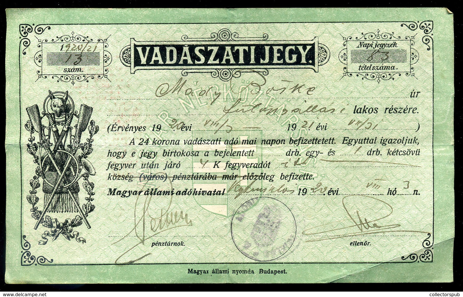 FÜLÖPSZÁLLÁS 1920. Vadászati Jegy - Unclassified