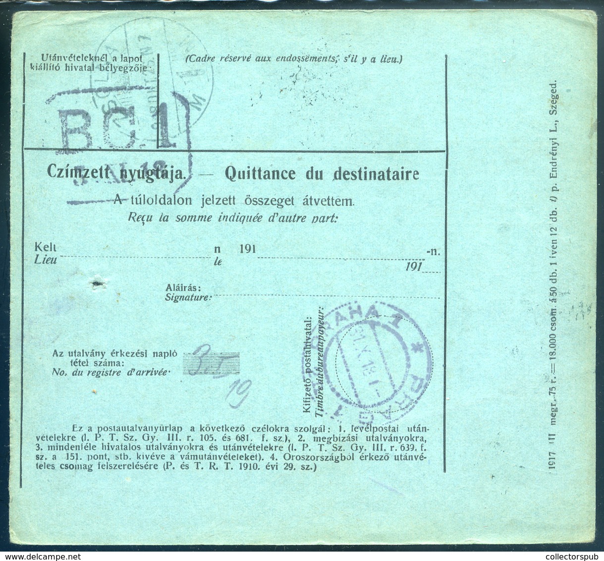 ZSOLNA 1918.10.27. Postautalvány  Prágába Küldve - Gebruikt