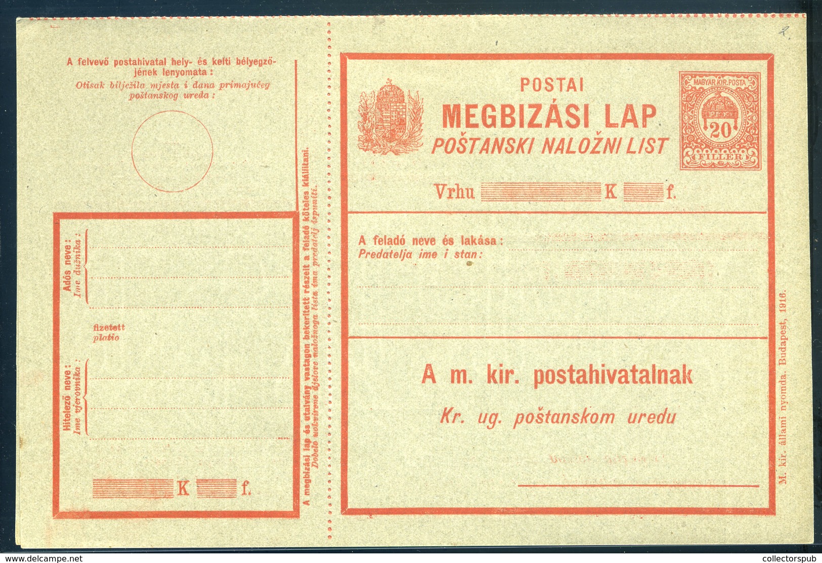 1916. Kétnyelvű, Horvát-magyar Díjjegyes Megbízási Lap (dupla) - Gebruikt