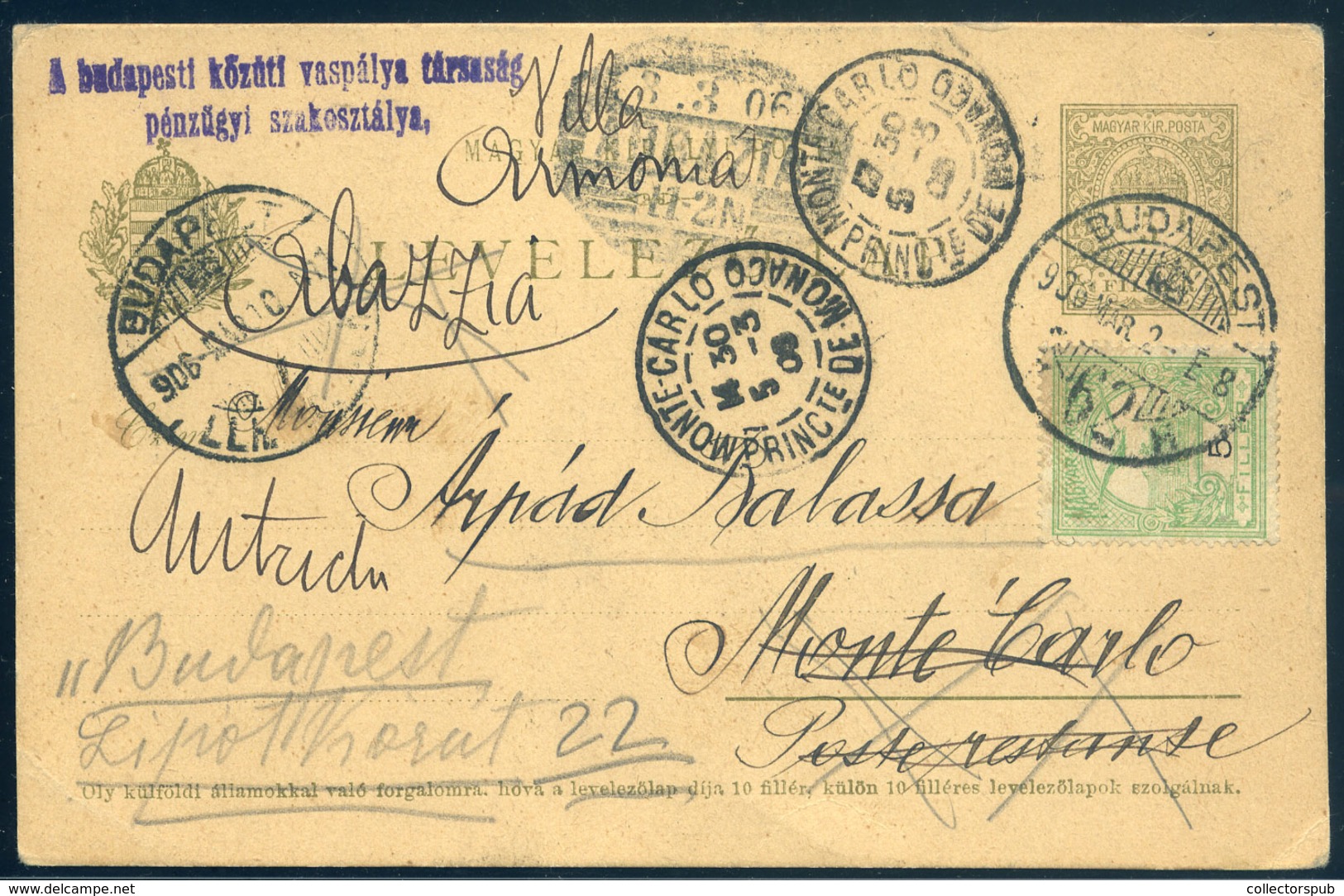 BUDAPEST 1906. Díjjegyes Levlap, Továbbküldésekkel Monaco-ból Visszaküldve - Gebruikt