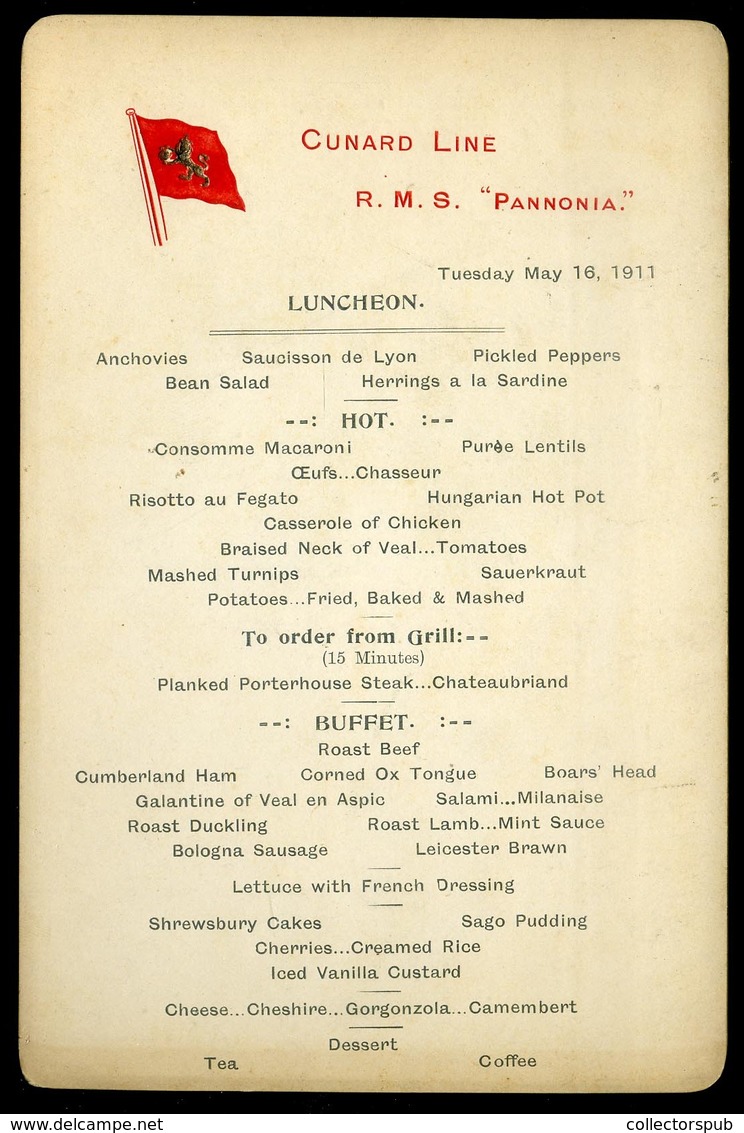 CUNARD RMS Pannonia Hajó Menükártya 1910.  /  MENU CARD RMS Pannonia - Unclassified