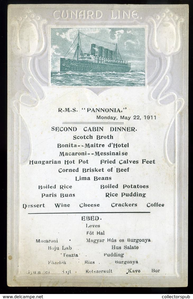 CUNARD RMS Pannonia Hajó Menükártya 1910.  /  MENU CARD RMS Pannonia - Unclassified