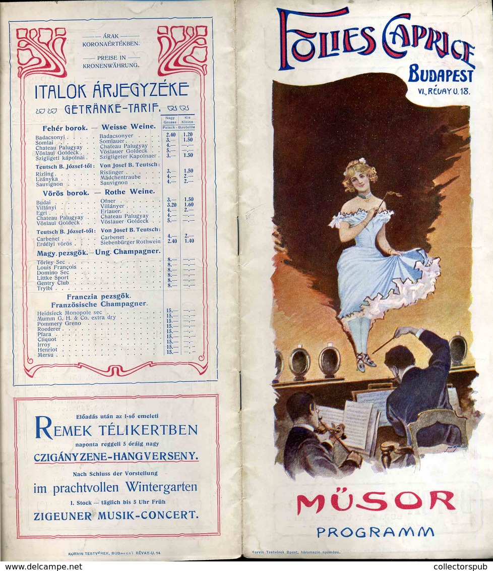 BUDAPEST 1915. Cca. Folies Caprice Mulató, Műsorfüzet, Reklámokkal, Ital árjegyzékkel /  Program Brochure, Adv. - Zonder Classificatie