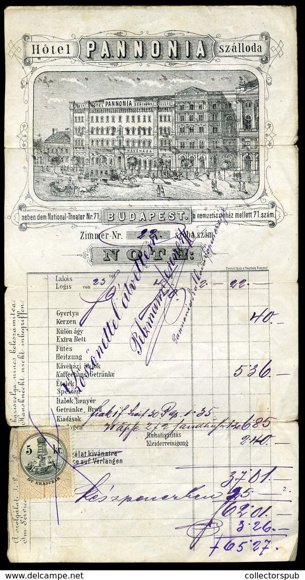 BUDAPEST 1880. Hotel Pannonia Szálloda  , Fejléces , Metszetes Céges Számla  /   Decorative Letterhead Bill - Zonder Classificatie