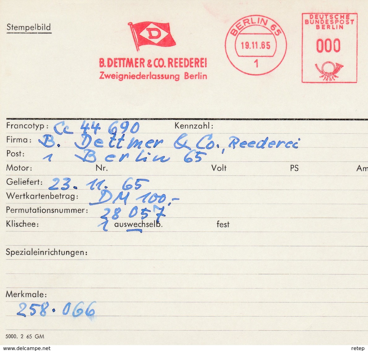 Deutsche Bundespost Berlin 1965, Archivkarte B. Dettmer & Co Reederei, Berlin, Unikat - Maschinenstempel (EMA)