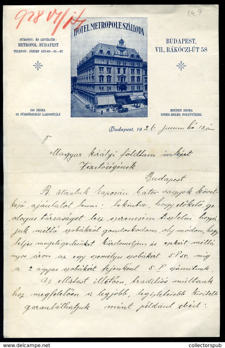 BUDAPEST 1926. Hotel Metropole Szálloda, Fejléces Levél, A Tulajdonos Verő Gyula Soraival - Unclassified