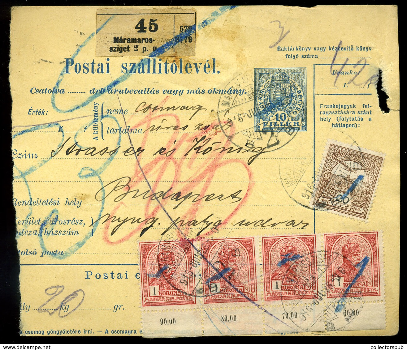MÁRAMAROSSZIGET 1916. Csomagszállító 4K20f Budapestre Küldve - Used Stamps