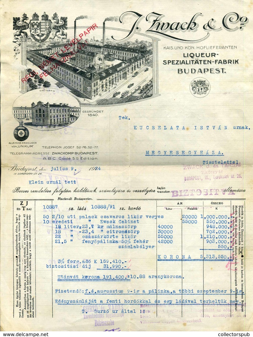 BUDAPEST 1924. Zwack , Dekoratív Fejléces Számla - Unclassified