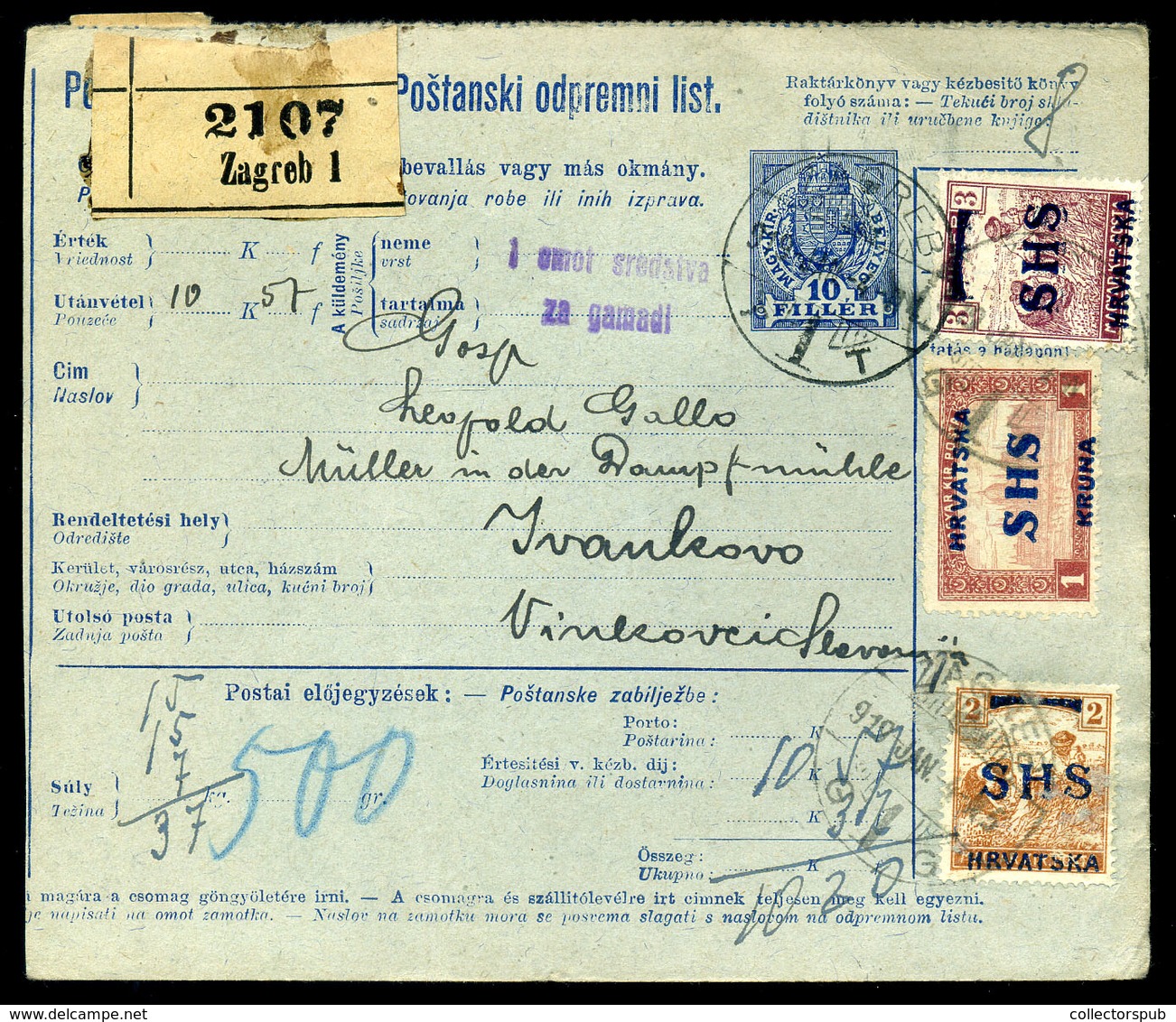 ZÁGRÁB 1919. Csomagszállító SHS Megszállási Bélyegekkel Vinkovciba - Used Stamps