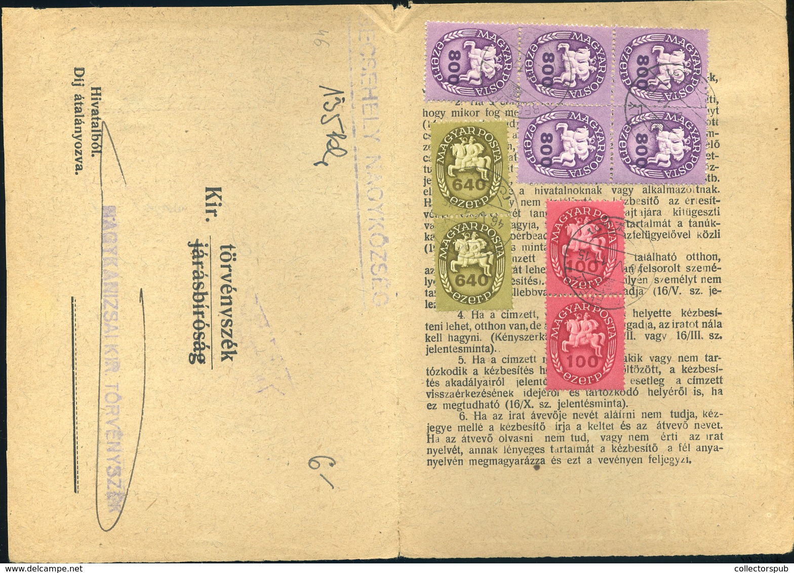 BECSEHELY 1946. Kézbesítési Vevény Lovasfutár Bélyegekkel Nagykanizsára - Covers & Documents