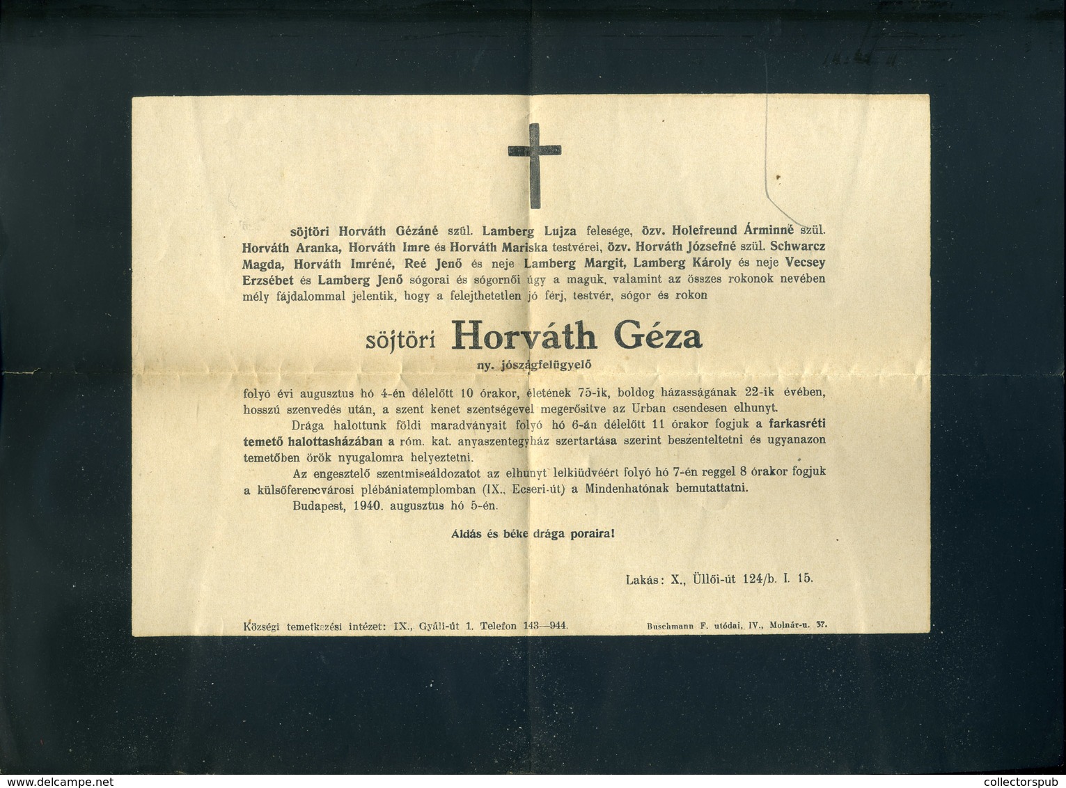 BUDAPEST 1940. Postázott Visszaküldött Gyászjelentés , Címnyomozó Bélyegzéssel - Briefe U. Dokumente