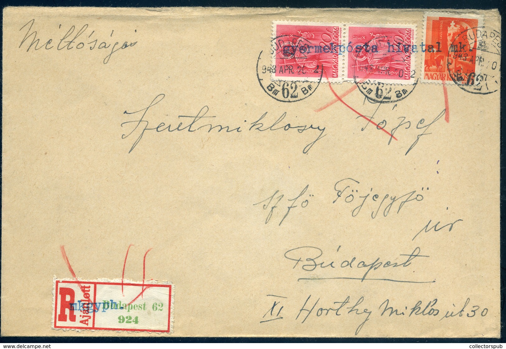 BUDAPEST 1943. Helyi Ajánlott Gyerekposta Hivatal Levél - Briefe U. Dokumente