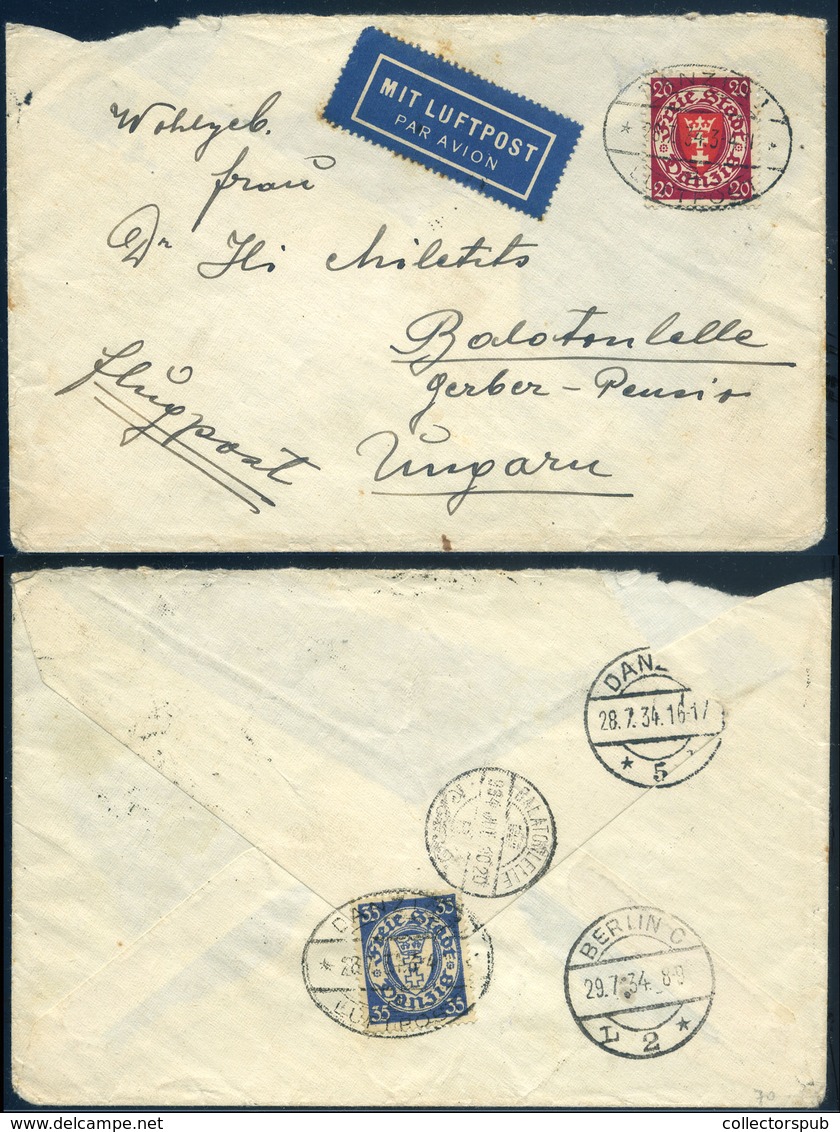 DANZIG 1934. Légi Levél Balatonlellére Köldve - Covers & Documents