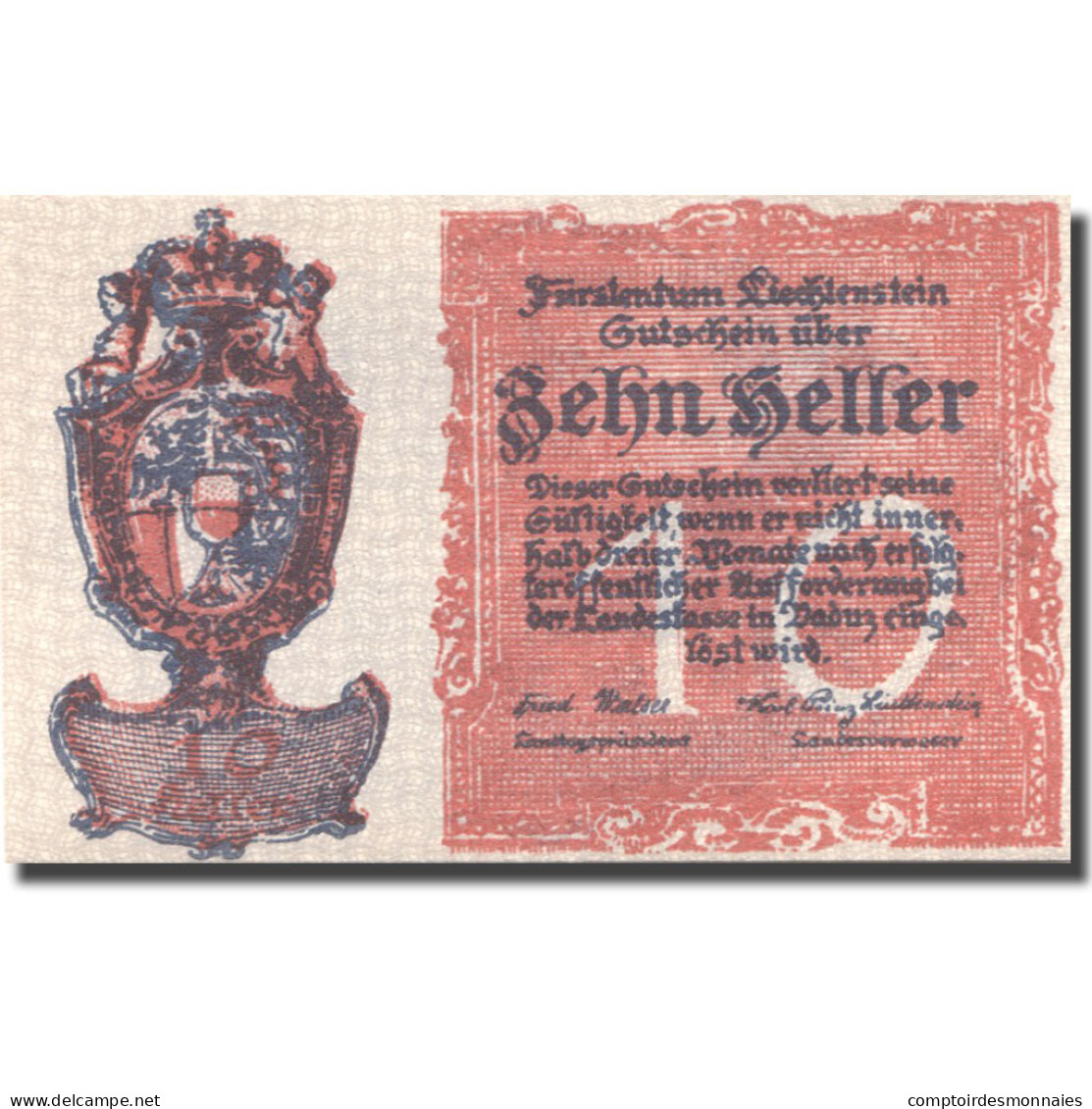 Billet, Liechtenstein, 10 Heller, Blason, 1920, SPL, Mehl:P-0001 - Liechtenstein