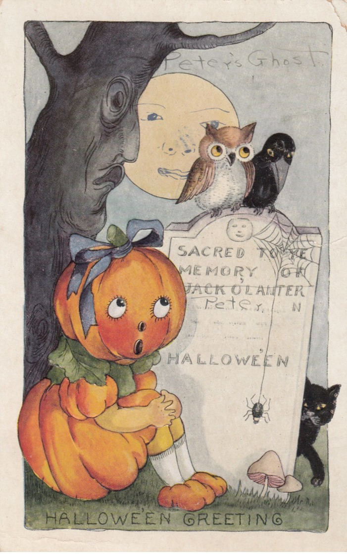 HALLOWEEN , 1920 ; Pumpkin Head Girl , Owl , Crow, Spider, Black Cat & Live Tree - Halloween