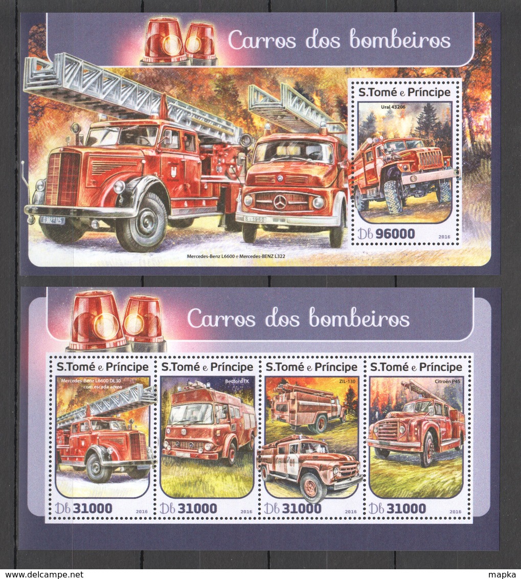 SS339 2016 S. TOME E PRINCIPE TRANSPORT FIRE TRUCKS 1KB+1BL MNH - Camions