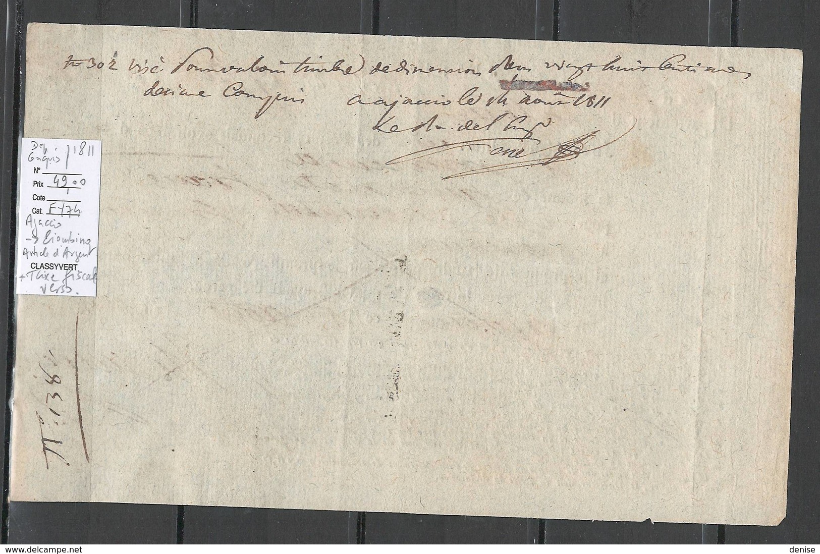 France - 1811 - Mandat Entre Ajaccio Et Piombino ( Departement Conquis En Italie ) - Mention Manuscrite Verso - Altri & Non Classificati