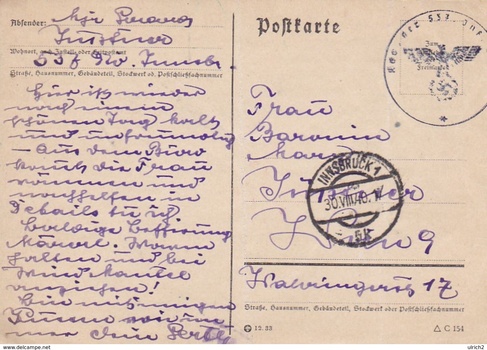 Feldpost Innsbruck Nach Wien - Kdo. Der 537. Inf.-Division - 1940 (41555) - Briefe U. Dokumente