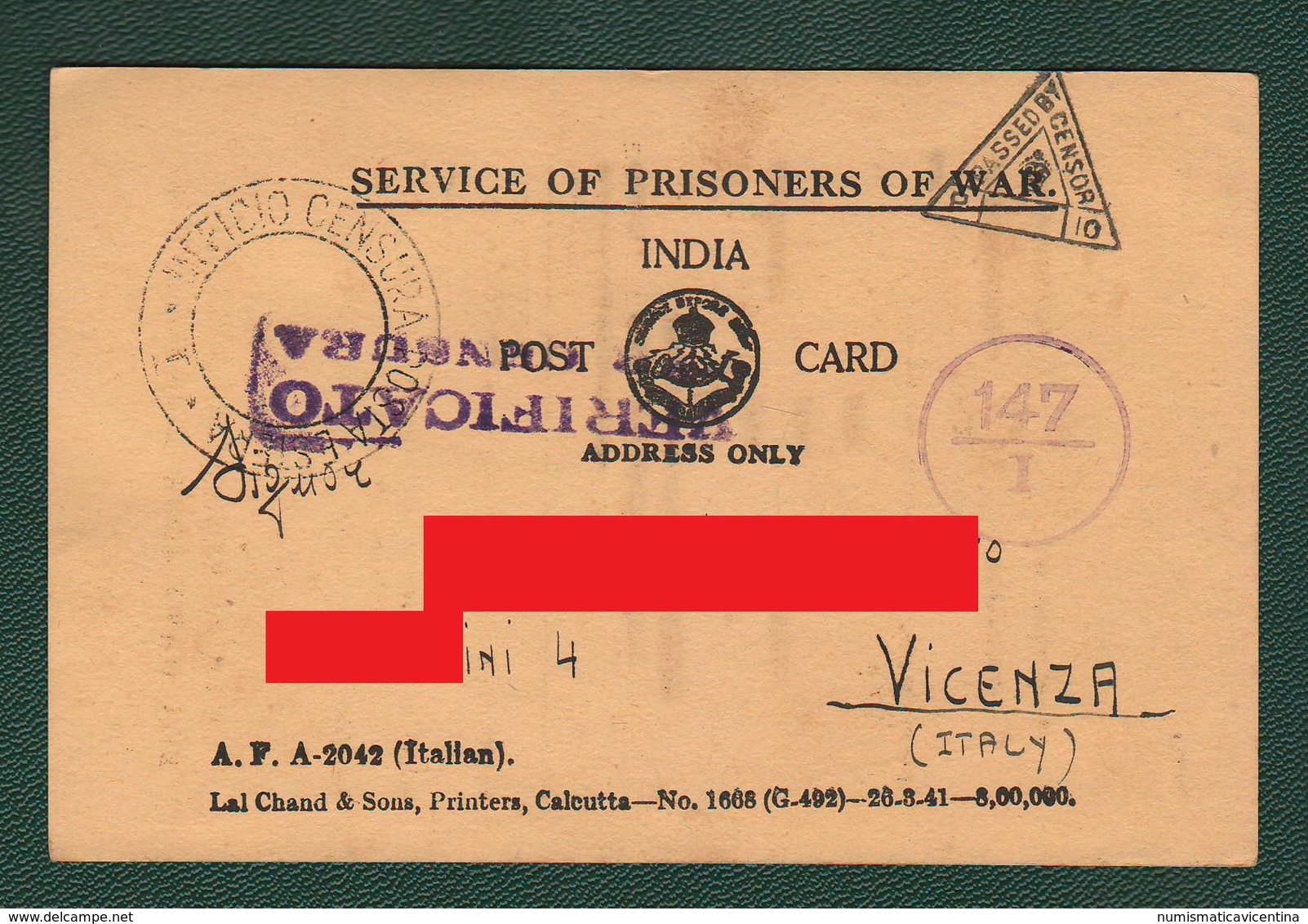 POW Prisoners Of War Prigionieri Di Guerra Prisonniers De Guerre From INDIA To Vicenza 1941 Post Card - Documents