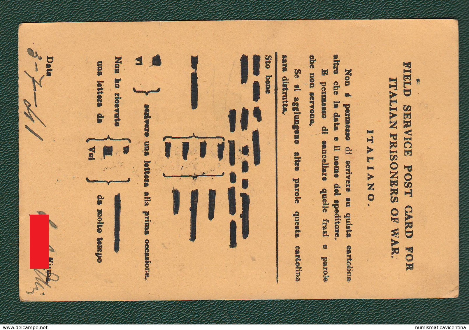 POW Prisoners Of War Prigionieri Di Guerra Prisonniers De Guerre From INDIA To Vicenza 1941 Post Card - Documentos
