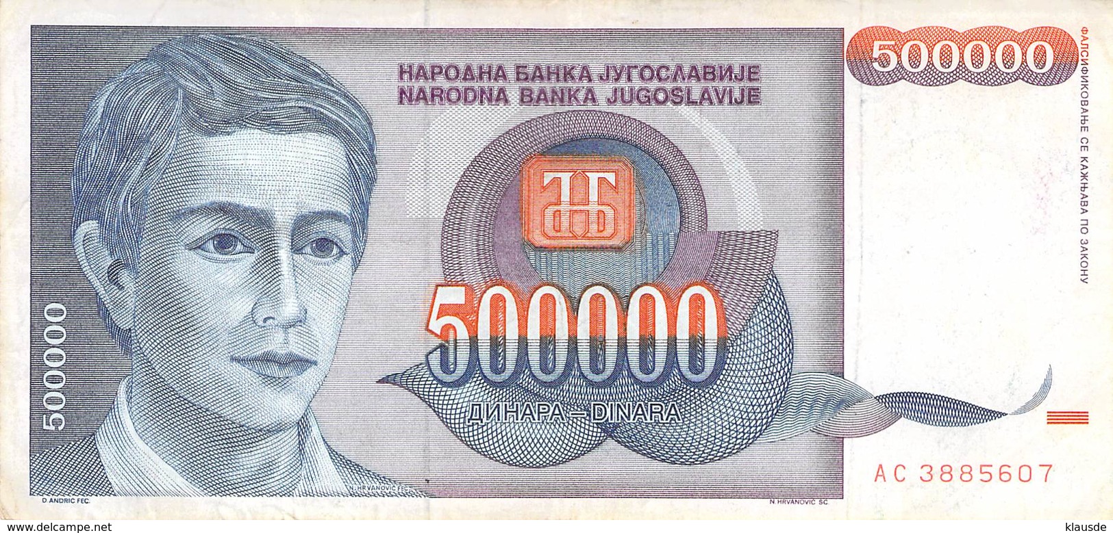 500000 Dinar Banknote Jugoslawien 1993 VF/F (III) - Jugoslawien