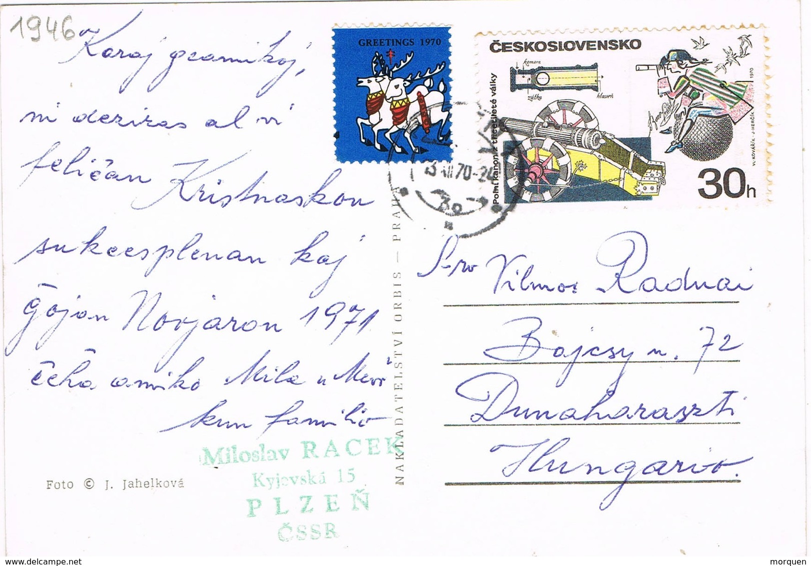 32978. Postal PLZEN (Checoslovaquia) 1970. Viñeta, Label USA Navidad, Greetings - Cartas & Documentos