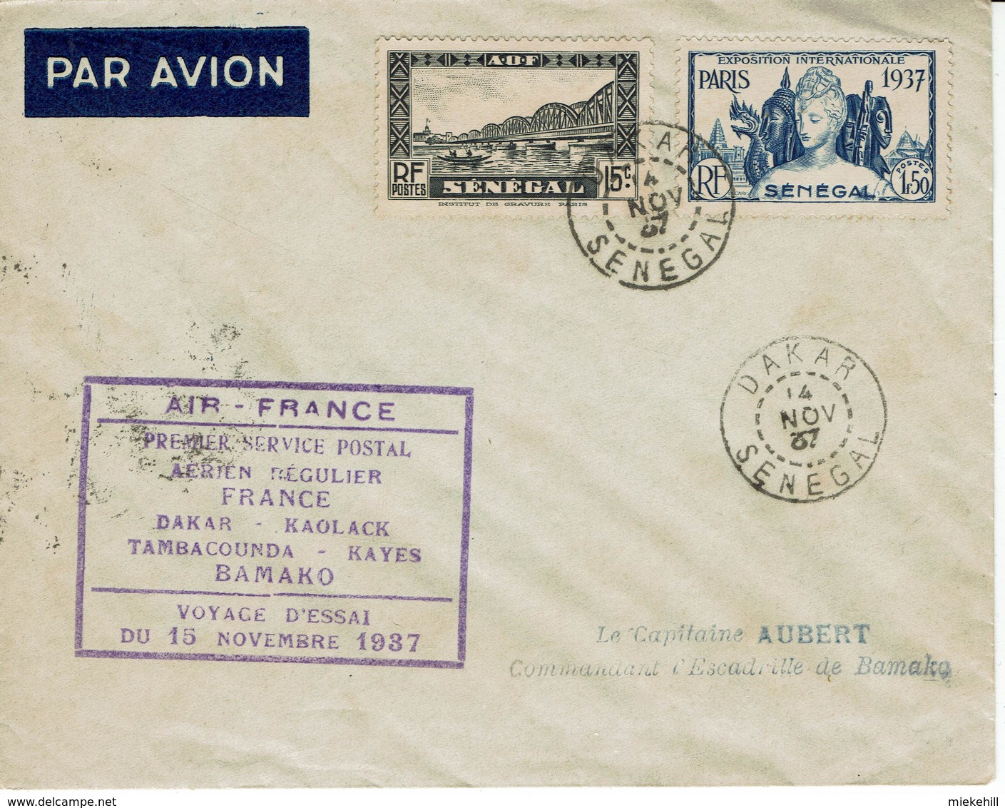 AIR-FRANCE-VOYAGE D'ESSAI-DAKAR-BAMAKO-PREMIER SERVICE POSTAL AERIEN REGULIER  15 NOVEMBRE 1937-AVIATION - Avions