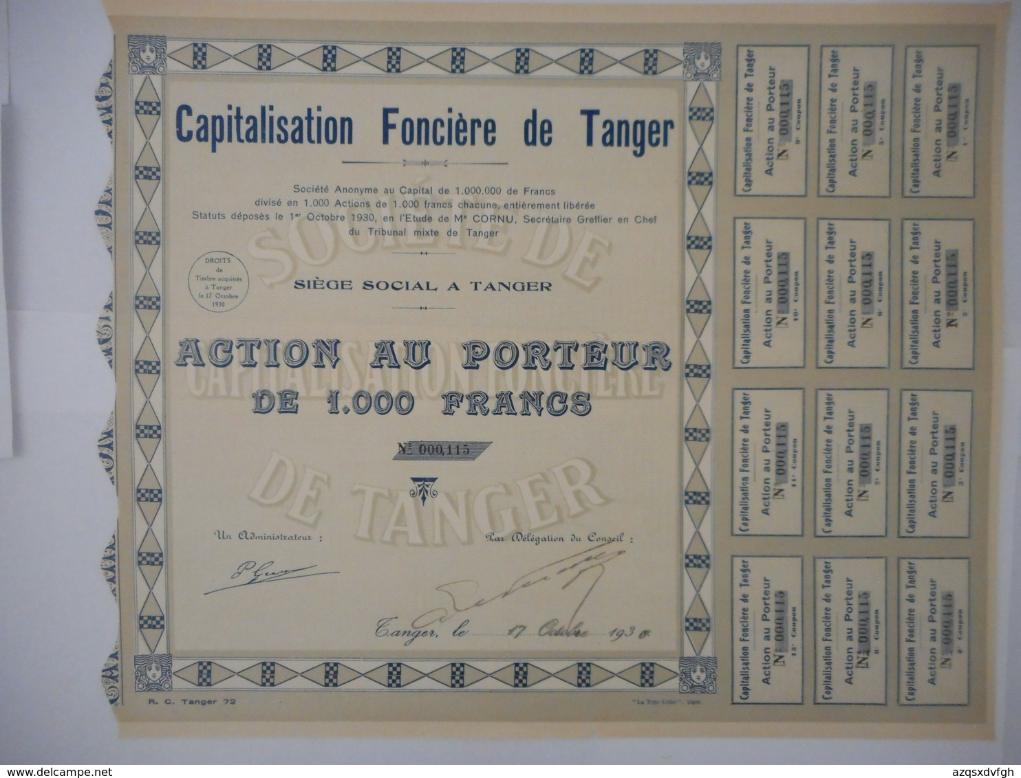 Capitalisation Fonciere De TANGER  1930         MAROC  JAMAIS VU EXEMPLAIRE RARE à SAISIR - Afrique