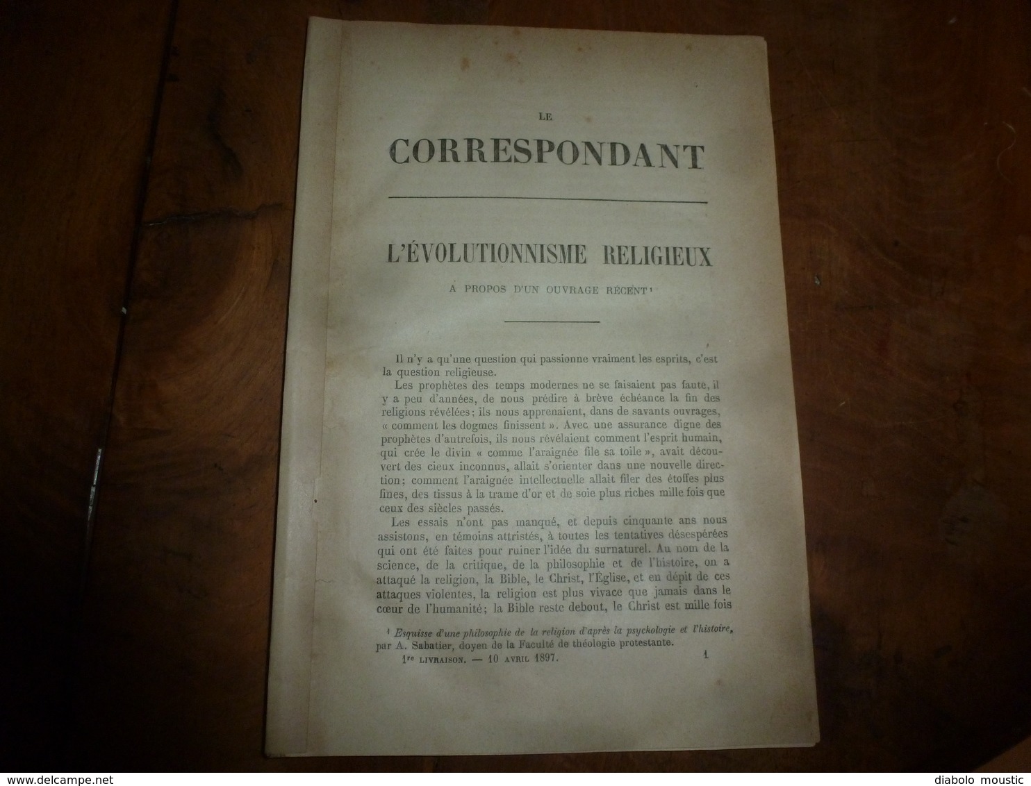 1897      L' ÉVOLUTIONNISME RELIGIEUX     à Propos D'un Ouvrage De A. Sabatier  (40 Pages) - Non Classés