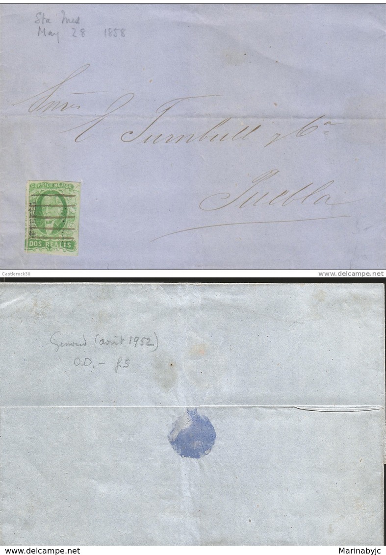 J) 1858 MEXICO, 2 REALES SANTA INES, PUEBLA DISTRICT, COMPLETE LETTER, INTERNAL USAGE, CIRCULATED COVER, FROM MEXICO TO - Mexico