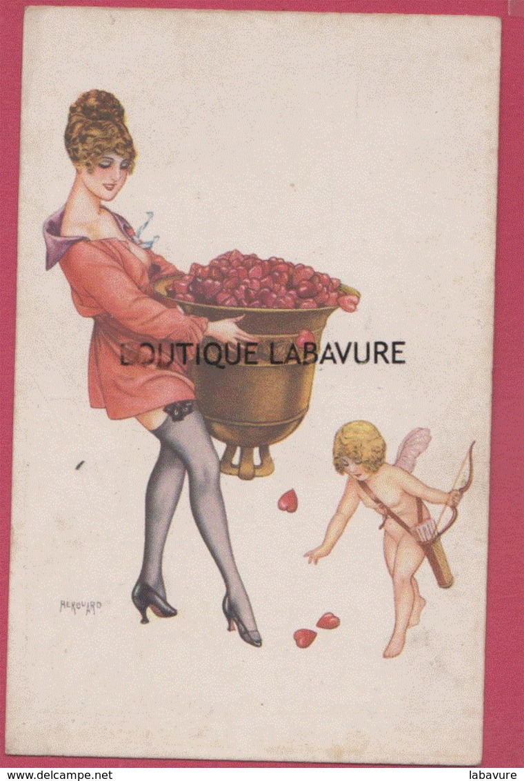 ILLUSTRATEUR---HEROUARD---Qui Trop Embrasse Mal Etreint---Femme Et Angelot  Coeurs - Other & Unclassified