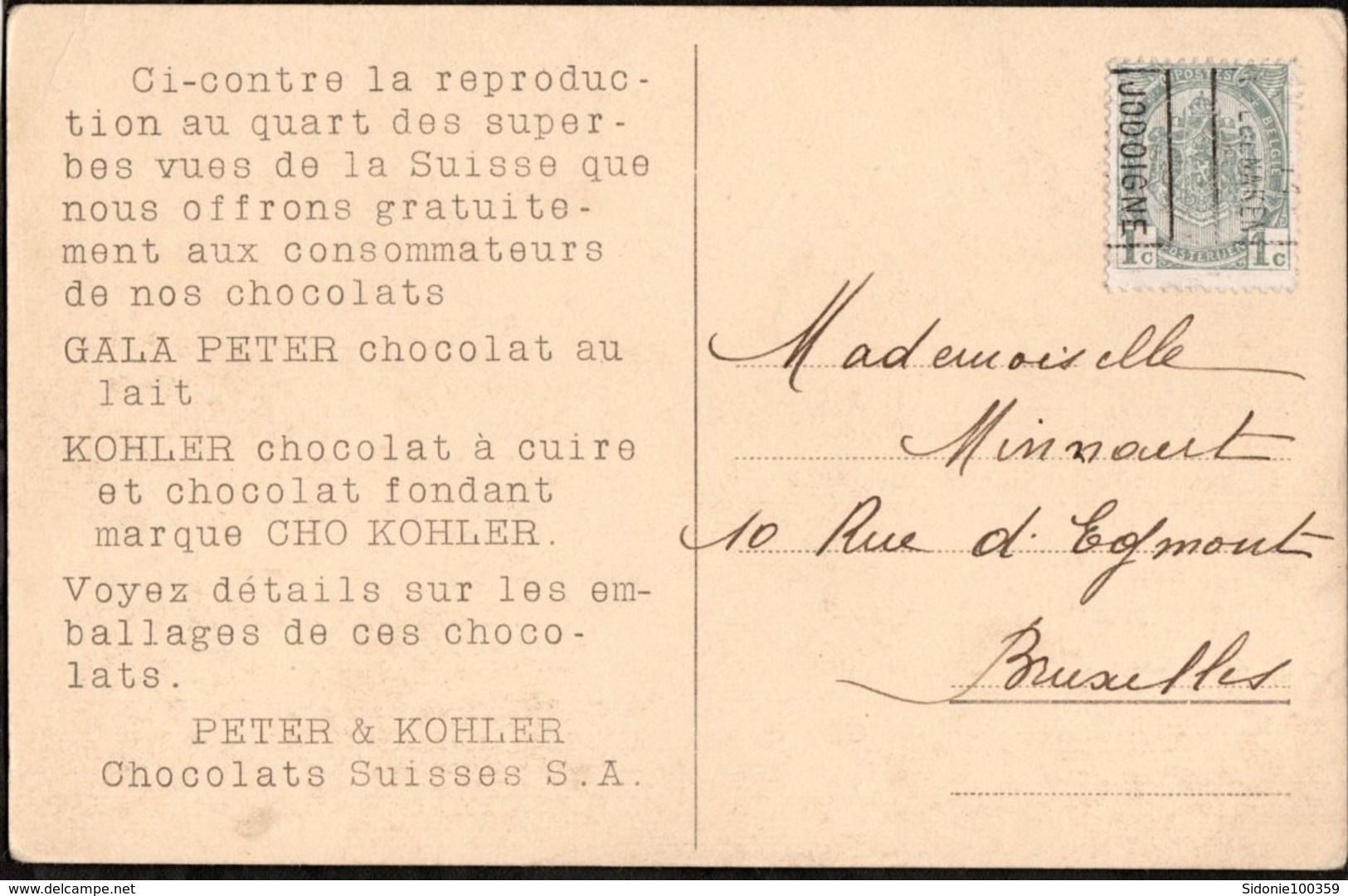 Carte Illustrée Affranchie Par 1 Timbre Préoblitéré Envoyée De Jodoigne Vers Bruxelles En 1911 (publicité Chocolat) - Roulettes 1910-19
