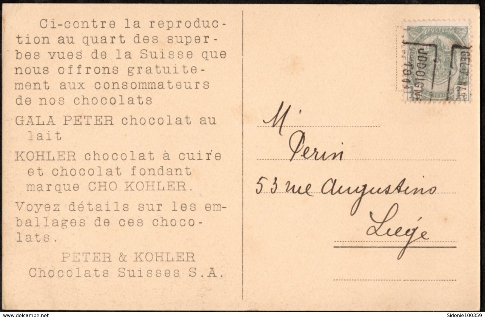 Carte Illustrée Affranchie Par 1 Timbre Préoblitéré Envoyée De Jodoigne Vers Liège En 1911 (publicité Chocolat) - Rollo De Sellos 1910-19